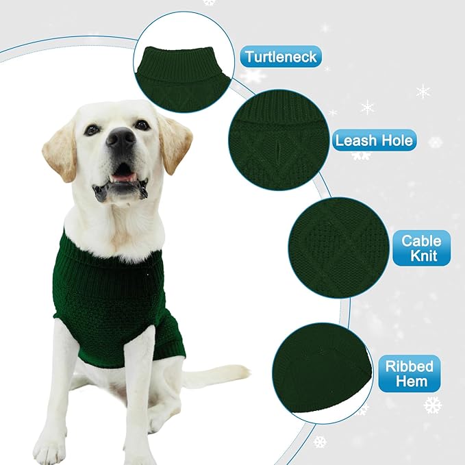 Mihachi Turtleneck Dog Sweater - Winter Coat Apparel Classic Cable Knit Clothes with Leash Hole for Cold Weather, Ideal Gift for Pet in New Year Army Green XL