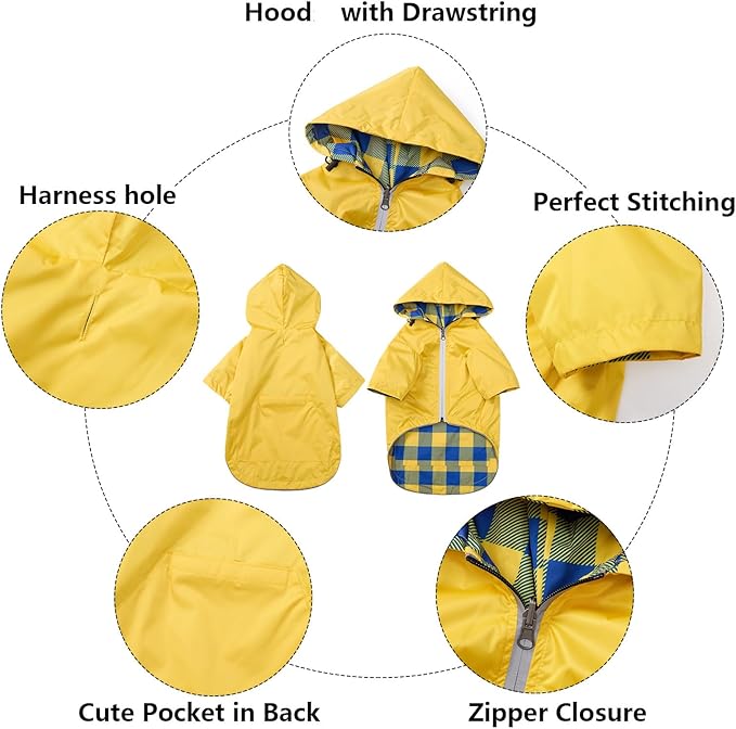 Dog Raincoat Dogs Waterproof Reversible rain Jacket Dog Small Medium Breeds Reflective Zipper Storage Pocket Harness Hole - Yellow - XXL