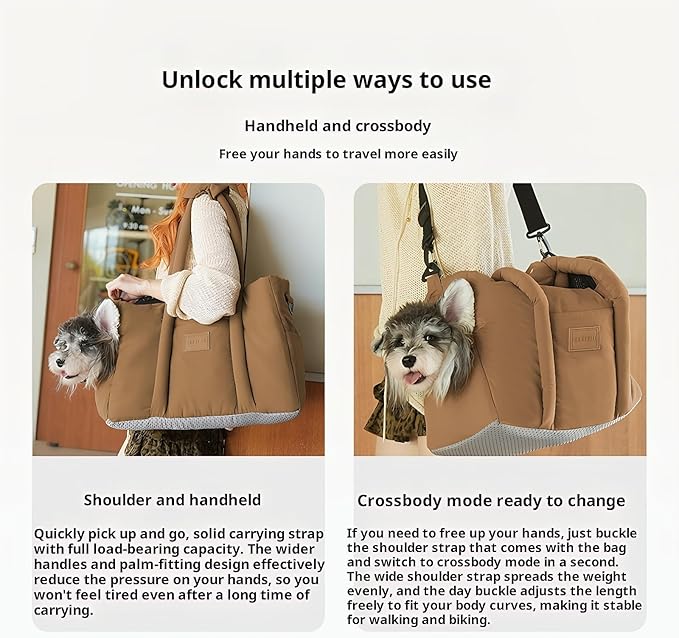 Dog Walking Bag Sling, Dog Carrier Purse with Safety Leash Clip,Warm Soft Sided Pet Carrier Purse for Small Medium Dogs Cats Portable Hands-Free Shoulder Tote for Outdoor Travel (Dark Brown)