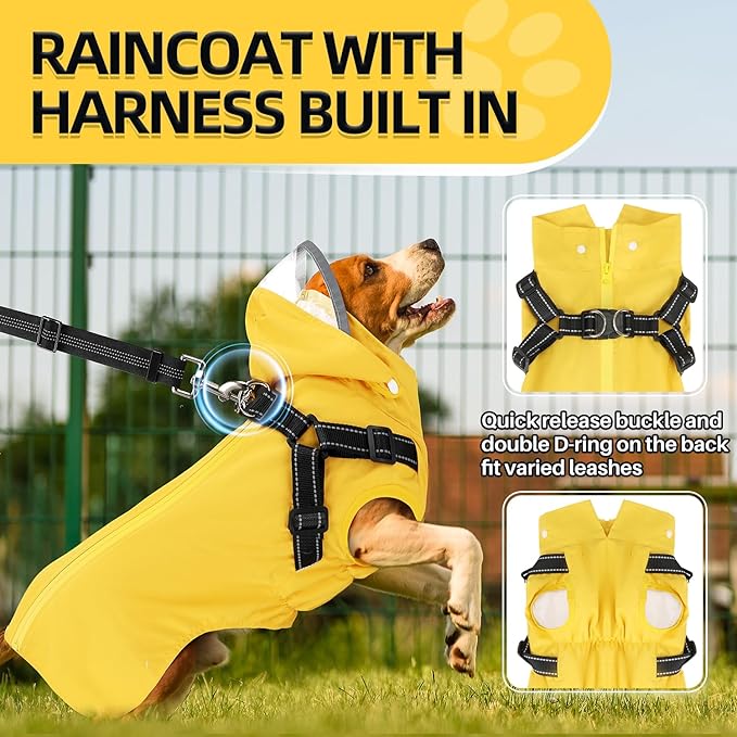 Lukovee Dog Raincoat - Waterproof Rain Jacket with Harness & Removable Hood, Reflective Double Layer Dog Rain Coat Poncho for Small Medium Large Dogs Puppy (L, Yellow)