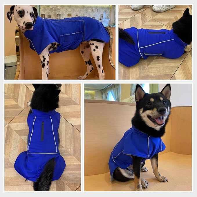 ROZKITCH Dog Rain Jacket, Waterproof Jacket with Fleece Liner and Leash Hole Reflective Strip for Small Medium Dog, Adjustable Winter Coats Poncho Vest for Outdoor Hiking Travel Blue M