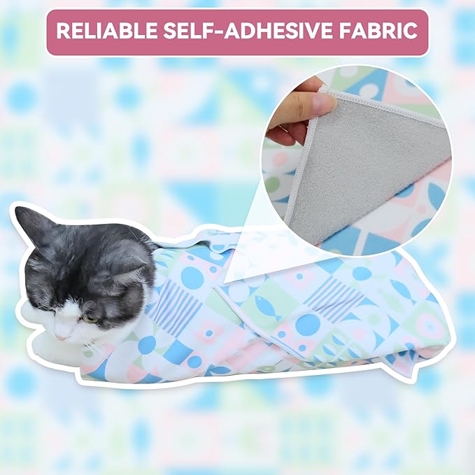 Cat Grooming Wrap for Cutting Nails, 21.6" Anti-Escape Calming Cat Swaddle Wrap for Medicine, Nail Clipping, Teeth Brushing, Ear Cleaning, Self-Adherent Burrito Restraint, (Geometric Fish, M)