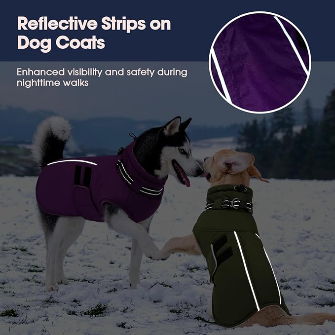 IECOii Waterproof Dog Coat for Medium Dogs, Reflective Dog Jacket with Collar Built in, Thick Fleece Dogs Coat for Winter Easy On Hook & Loop Pet Snowsuit for Hunting, Hiking, Camping, Purple - L