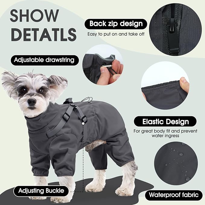 BRKURLEG Dog Raincoat with Harness for Small and Medium Dogs, Adjustable Waterproof Dog Rain Jacket, Reflective Rainproof Puppy 4 Legs Raincoat, Full Body Pet Rain Jacket, Dark Grey, XXXL