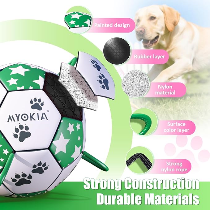 Size 2 Dog Soccer Ball with Straps White & Green Durable Training Ball for Pets Interactive Outdoor Dog Toy, for Small & Medium Puppies, Pet Supplies