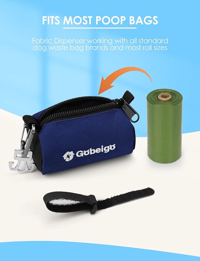 Gobeigo Dog Poop Bag Holder for Leash, Large Opening for Easy Pull Out, Doggy Poo Bag Dispenser with Used Waste Bag Carrier Suitable for Any Retractable Leash with 15 Unscented Bags (Navy Blue)