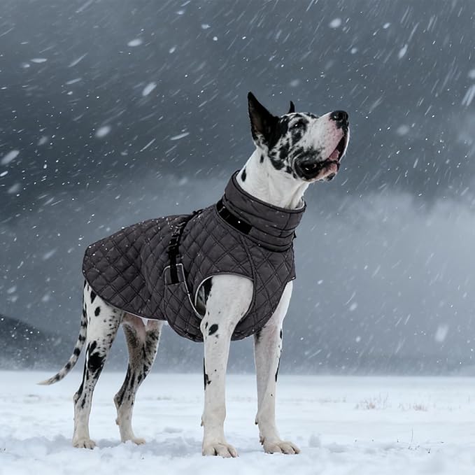 Kuoser Dog Coat Warm Fleece Lining Turtleneck Dog Jacket with Harness Built-in, Adjustable Windproof Cold Weather Coats with Quick Release Buckle Pet Winter Snowsuit for Extra Large Dogs, Grey 3XL