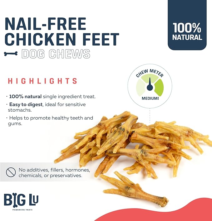 Big Lu – Nail-Free Chicken Feet Dog Chews, 100% Natural Single-Ingredient Treats, Rawhide-Free, Long-Lasting, Rich in Glucosamine and Chondroitin for Joint Health (100 Count)