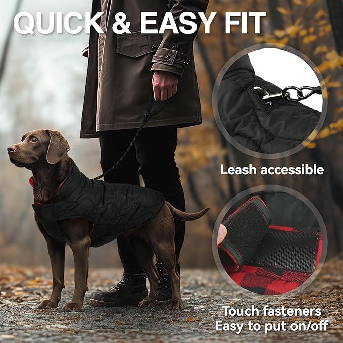 VIVAGLORY Softjoy Dog Coat, Dog Jacket for Winter & Christmas, Coat with Harness Hole & Velcro Closure, Reversible Plaid Checkered Warm Fluffy Heavy Duty for Puppy, XXS, Red Black