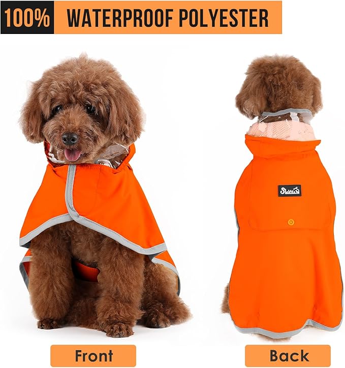 SlowTon Dog Raincoat, Adjustable Dog Rain Jacket Clear Hooded Double Layer, Waterproof Poncho with Reflective Strip Straps and Storage Pocket for Small Medium Large Dogs Puppies(OR M)