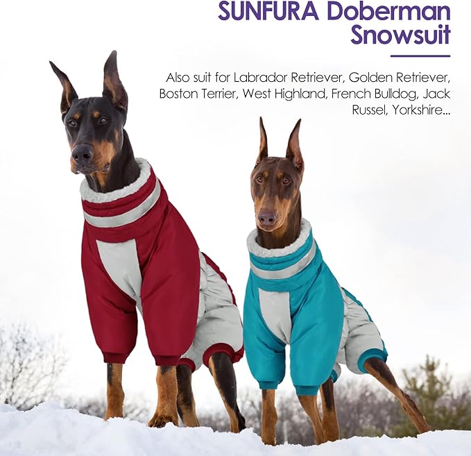 SUNFURA Full Body Dog Coat - Warm Fleece Jacket for Large Dogs, Turtleneck Winter Coats with Harness, Reflective Dog Snowsuit Windproof Puffer Jackets with Legs for French Bulldog, Burgundy L