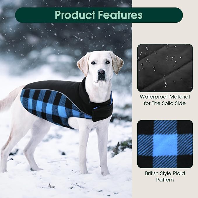 Kuoser Dog Winter Coat, Reversible Waterproof Dog Jacket with Reflective Strip, Warm Dogs Fleece Vest Adjustable Doggy Cold Weather Clothes Plaid Christmas Outfit Pet Apparel for Small Dogs, Blue S