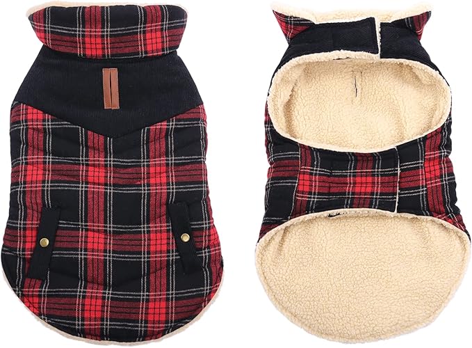 Winter Coat for Small and Medium Dogs, Puppy Plaid Jacket, Cotton Coat for Cold Weather, Windproof Warm Dog Garments, Pet Thickened Outfits Indoor Outdoor, Red L