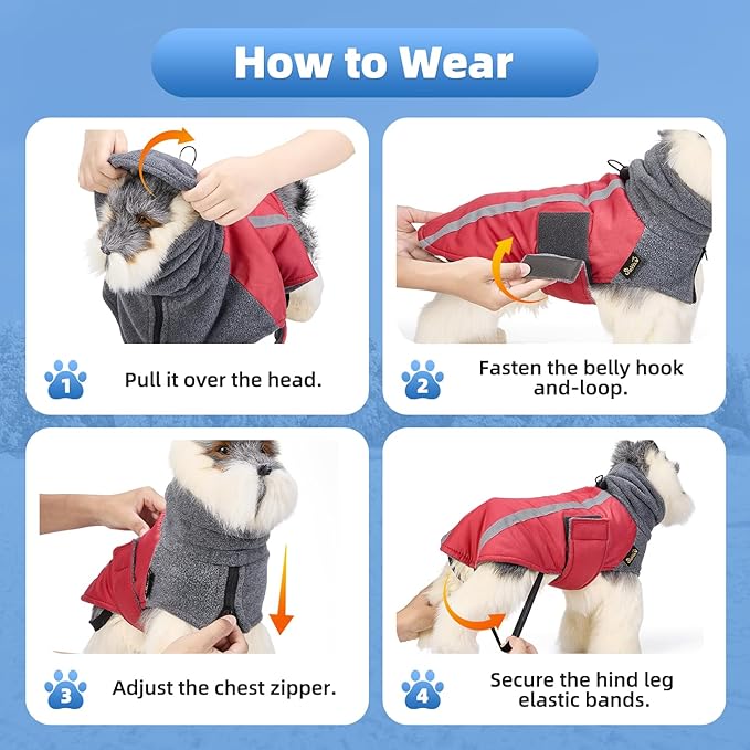 SlowTon Winter Dog Coat, Warm Polar Fleece Lining Doggie Outdoor Jacket with Turtleneck Scarf Reflective Stripe Adjustable Waterproof Windproof Puppy Vest Soft Pet Outfits (L+,Red)
