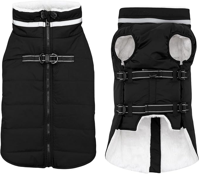 Medium Dog Coat with Harness Built-in, Waterproof Reflective Fleece Lined - Warm Windproof Winter Jacket with Back Zipper, Cold Weather Snow Dog Coats - Black - M