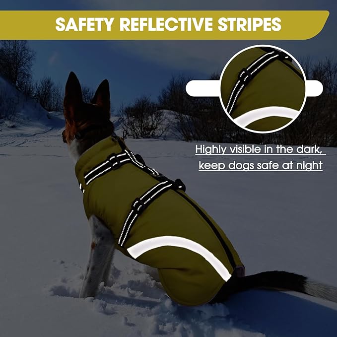 BRKURLEG Dog Winter Jackets for Large Dogs, Dog Coat with Harness Built in, Dogs Snowsuits with Zipper, Waterproof Windproof Pet Puffer Jacket Fleece Vest for Labrador, German Shepherd, Green XXXL