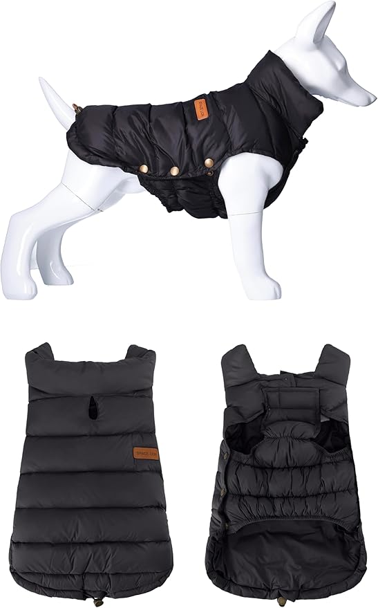 SPACE LION Dog Puffer Jacket, Down Winter Coat, Durable Outdoor Coat for Cold and Windy Conditions, Waterproof, Lightweight Jacket, Adjustable Fit for Small, Medium, Large Dogs(Black,22/XL+)