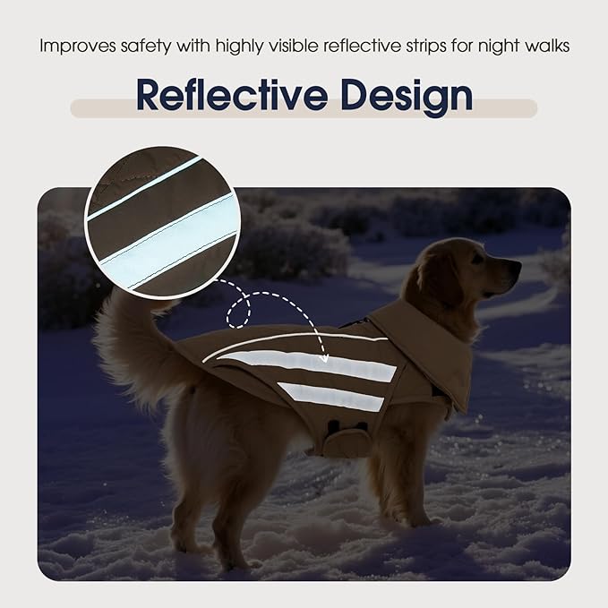 IECOii Dog Coat for Winter - Waterproof & Warm Dogs Coats, Reflective & Adjustable Jacket for Outdoor Cold Weather, Mashine Washable, Khaki, Sizes L
