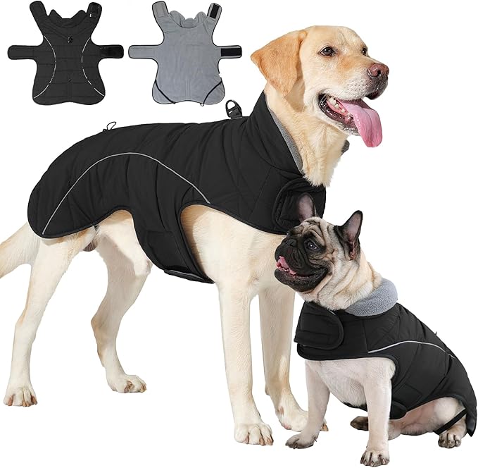 HEYWEAN Dog Winter Coat - Waterproof Windproof Reflective Vest for Medium & Large Breeds Adjustable Warm FleeceLined Jacket with Magic Tape & D-Ring for Leash Cold Weather Apparel (Black, Small)