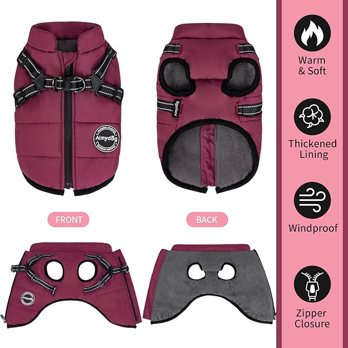 Warm Winter Coat, Fashion Sports Jacket with Built-in Harness, Reflective & Adjustable Comfortable Pet Vest, Waterproof Windproof Dog Apparel for Small Dogs (Purple)