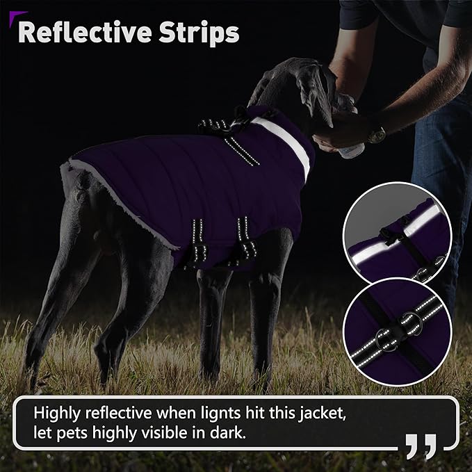 Dogcheer Dog Coat with Harness, Waterproof Dog Jacket Adjustable Pet Winter Coat with Zipper, Christmas Puppy Snow Jacket Fleece Sweater for Small Medium Large Dogs - Purple M