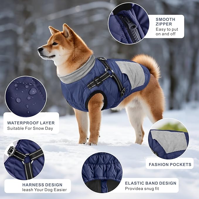 Mosucoirl Warm Dog Coats Pet Clothes, Waterproof Dogs Jacket Reflective Pet Outfits Winter Dog Cold Weather Coat Cozy Snow Jackets Vest for Small Medium Large Dogs Puppy Doggie (NavyBlue, XXL)