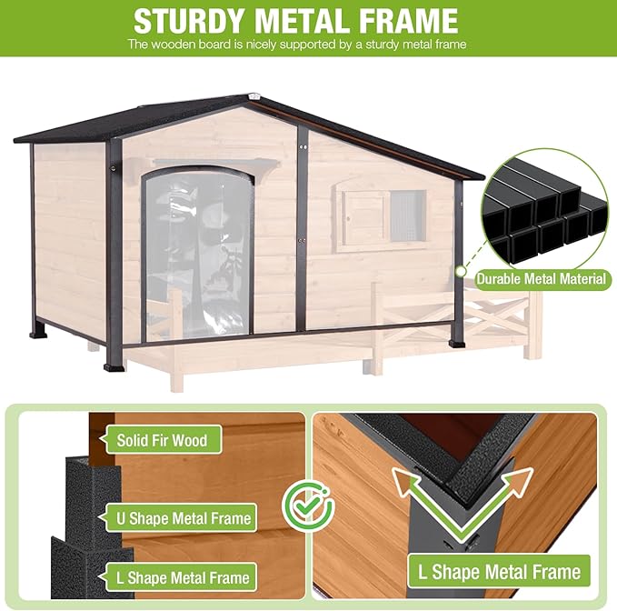 GUTINNEEN Extra Large Heated Dog House Insulated Dog Kennel Weatherproof Dog Shelter with Safe Heating Pad, Insulated Liner, Chew-Proof Metal Frame for Large Dog Breeds, 60.3" L x 50.3" D x 35.4" H