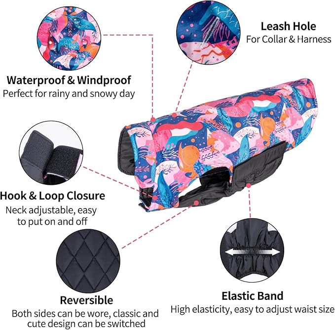 CuteBone Winter Dog Coat - Soft, Adjustable, Reversible Jacket - Waterproof, Windproof - Small to Large Sizes - Leash Hole forestinationown Dogs