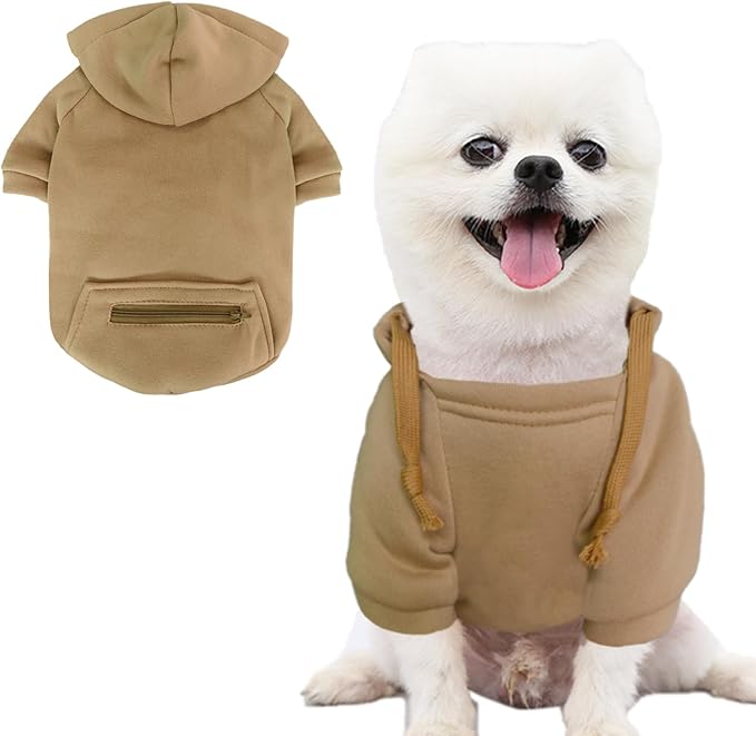 Jecikelon Pet Dog Cold Weather Coat with Pocket Winter Dog Hoodie Warm Puppy Clothes for Small Dogs Chihuahua Clothing (Khaki, X-Small)
