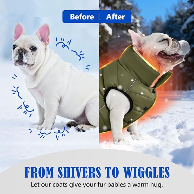 Dog Winter Jacket Waterproof, Reflective Fleece Lined Dog Coats for Small Medium Large Dogs, Warm Snow Coat for Dogs, Insulated Cold Weather Dogs Puffer Jackets with Leash Hole, Olive, XL