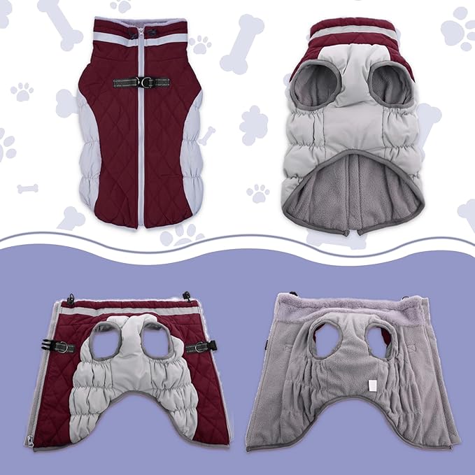 Lelepet Dog Coat Warm Dog Winter Coat Waterproof Dogs Jacket with Harness Built in Reflective Pet Fleece Vest Zip-Up Cold Weather Coats for Medium Dogs Turtleneck Windproof Coats Dachshund Wine Red M