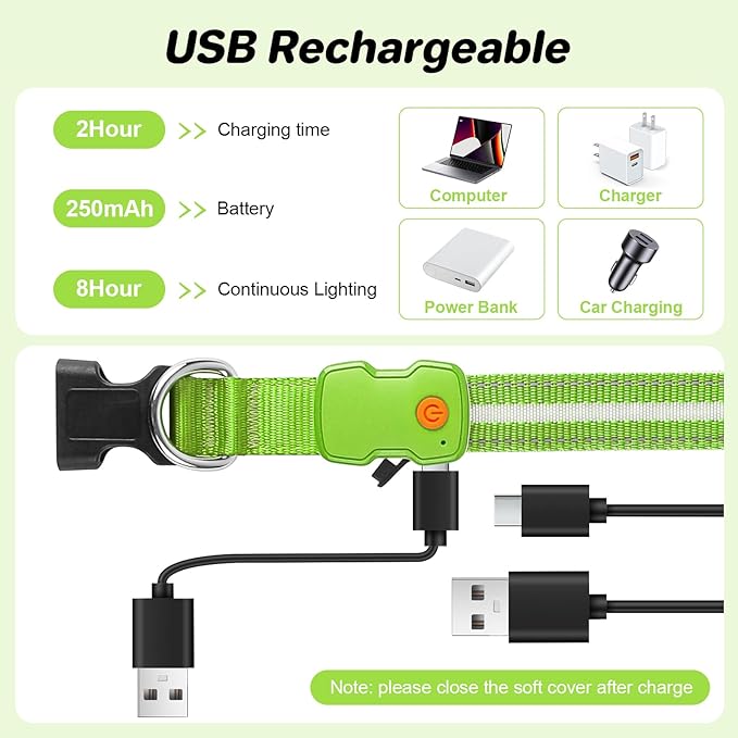 PcEoTllar Light Up Dog Collars, Led Dog Collar, Rechargeable, Night Walking, Waterproof, Glow in The Dark Dog Collars Light for Large Small Medium Dogs, Green l