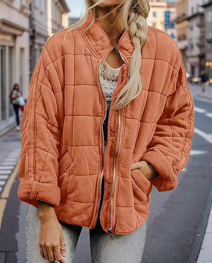 LIZALIG Warm Padded Coat for Women Full Zip Quilted Jackets Winter Oversized Causal Solid Color Stand Collar Pockets Coat