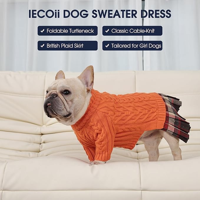 IECOii XL Dog Sweater Dress for Large Dogs Girl, Cable Knit Winter Dress for Female Dogs, Orange, XLarge, Soft Girl Dog Sweater with Tartan Plaid Skirt Cute Turtleneck Knitwear for Cold Weather