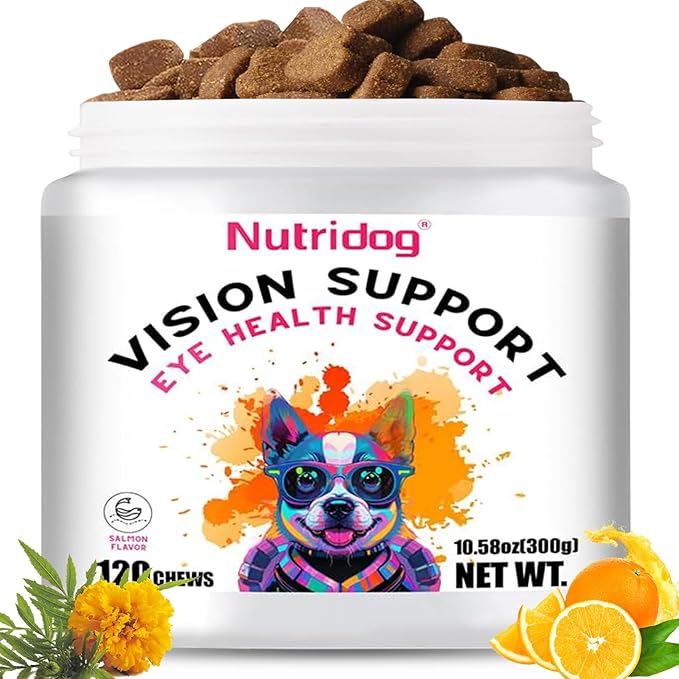 Eye Supplements for Dogs - Vision Support Soft Chews with Lutein, DHA & Vitamin C | 120ct Salmon Flavor Tear Stain Chews | Cataract & Dry Eye Relief Supplement (120 Ct, Salmon)