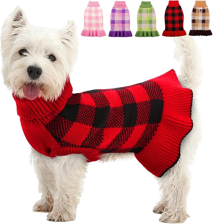 Dog Sweater Dress Plaid Knitwear for Small Medium Dogs Warm Puppy Pet Turtleneck Stretch Pullover Cute Fall Winter Vest Clothes with Leash Hole for Christmas (Red, XL)