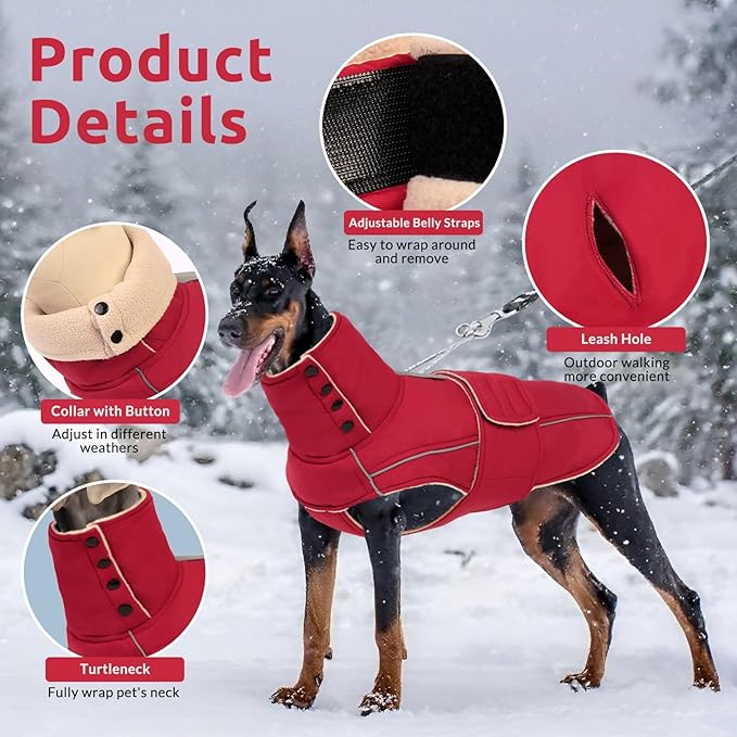ASENKU Warm Dog Coat, Waterproof Dog Jackets for Large Dogs with Reflective Fleece Vest Turtleneck with Button,Windproof Cold Weather Coats for Small Medium Large Dogs, Dark Red, 4XL