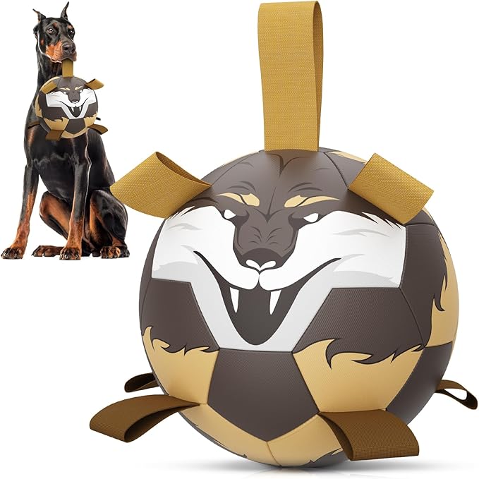 QDAN Wolf Dog Toys Balls with Straps - Durable Dog Balls for Large Dogs, Beach Pool Dog Water Toy, Dog Tug Toys for Tug of War, Puppy Dog Birthday Gifts (8 Inch)