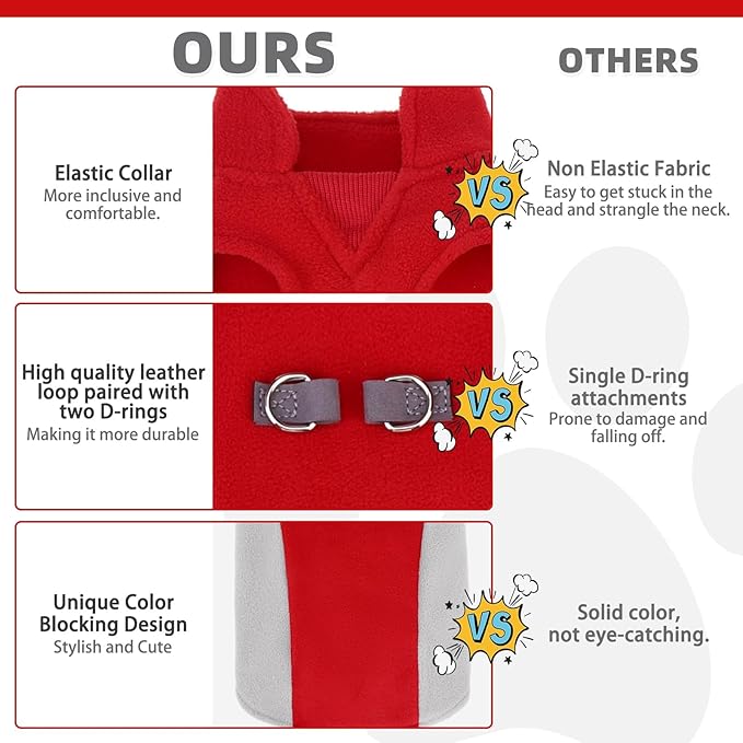 KOOLTAIL Small Dog Sweater - Dog Fleece Vest Jacket with Leash D-Ring for Small Medium Dogs, Soft Pullover Winter Warm Cold Weather Coats, Pet Fall Clothes Outfit for Puppy Cat Boys&Girls, Red S