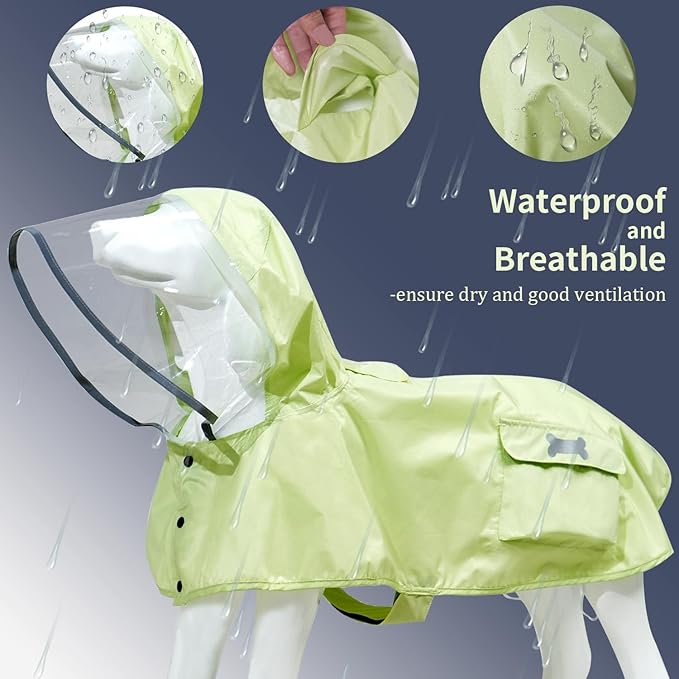Waterproof Dog Raincoat, Adjustable Reflective Lightweight Pet Rain Clothes with Poncho Hood(X-Large,Light Green)