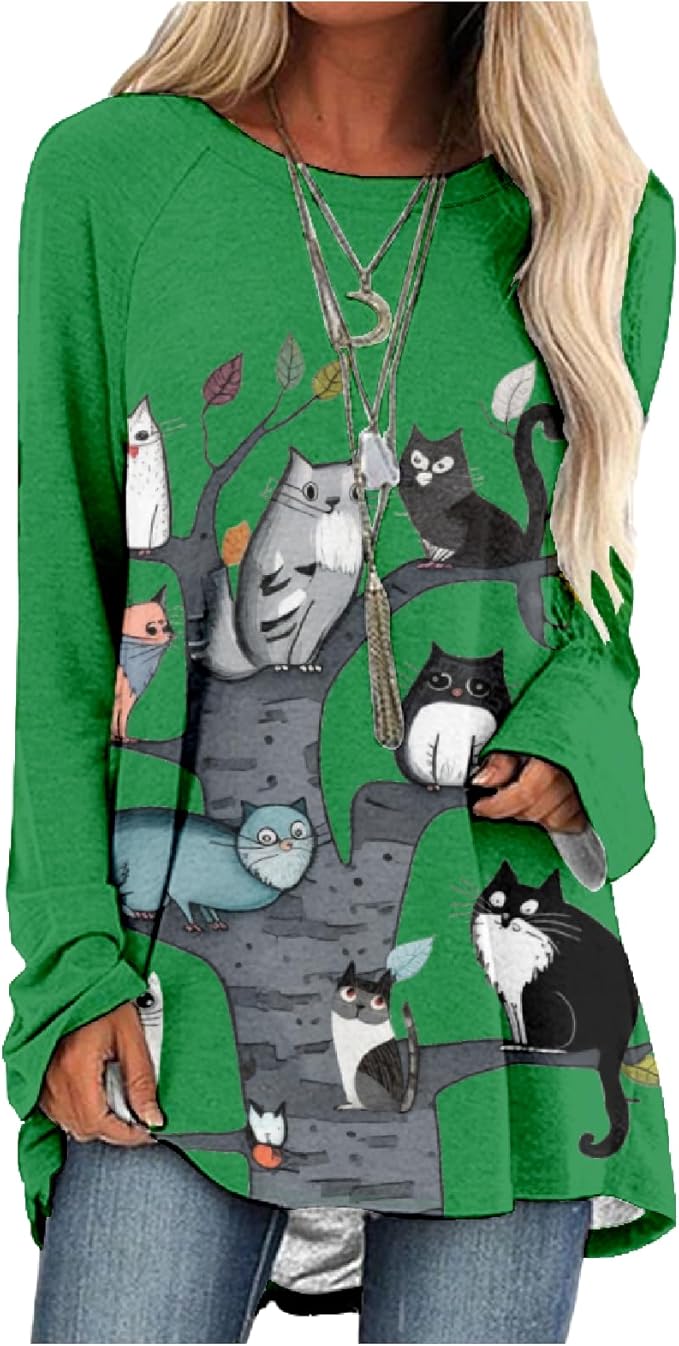 Womens Tunic Shirt Cute Cat Print Long Sleeve Round Neck Women T Shirts Cotton Casual Plus Size Vacation Tunics Tops