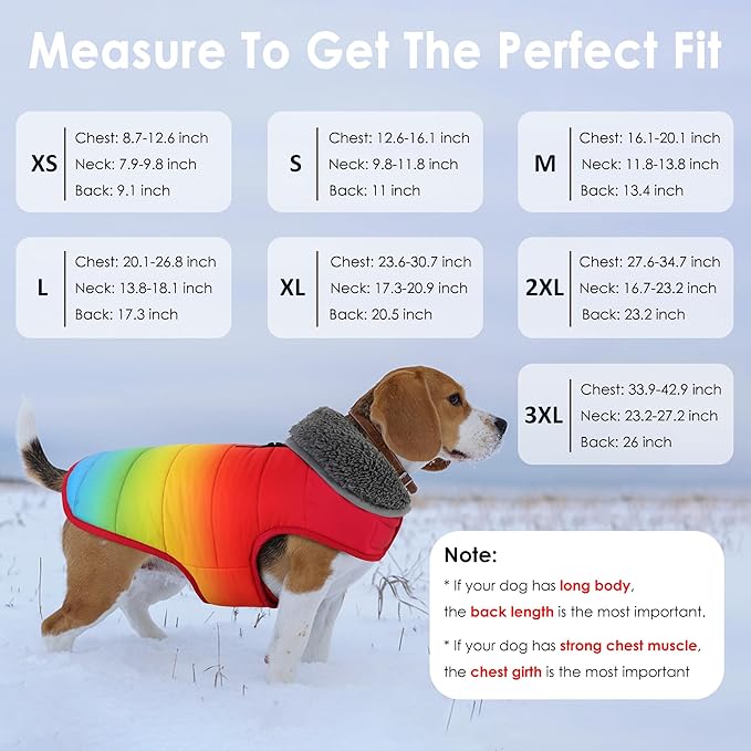Dog Winter Coat, Waterproof Dog Jacket with Leash Hole, Reflective Adjustable Pet Snow Vest, Warm Fleece Sweater for Small Medium Large Dogs - Rainbow, XL