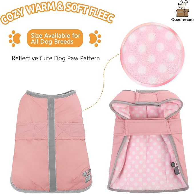 Queenmore Dog Winter Coat, Fleece Puffer Dog Down Vest, Cold Weather Pet Jacket for Dogs, Waterproof Reflective Reversible Dog Sweater Clothes for Small, Medium and Large Dogs (Light Pink, S)