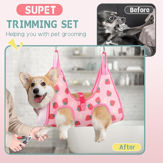 Supet Dog Grooming Hammock, Dog Hanging Harness for Nail Trimming Doorframe, Pet Holder Restraint for Clipping Nails, Pet Hoist Sling for Cutting Nails, Ear & Eye Cleaning, Medicine at Home (S)