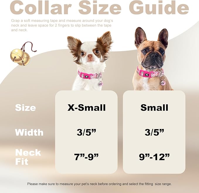 Pink Puppy Collar with Bell - Reflective Adjustable Nylon Kitten-Safe Collar for Small Dogs & Cats, Soft Flower Pattern Design for Teacup Chihuahua, Pomeranian, and Kittens (X-Small, Flower)