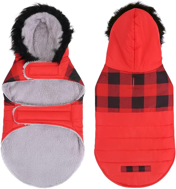 HDE Dog Puffer Jacket Fleece Lined Warm Dog Parka Winter Coat with Harness Hole Buffalo Plaid - S