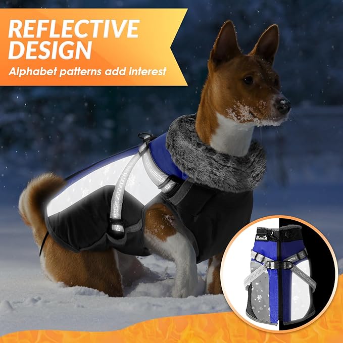 SlowTon Dog Jacket with Harness Built in - Waterproof Fleece Winter Warm Dog Coats for Small Medium Dogs, Reflective Adjustable Furry Puppy Vest Clothes for Outdoor Walking (Blue,M)