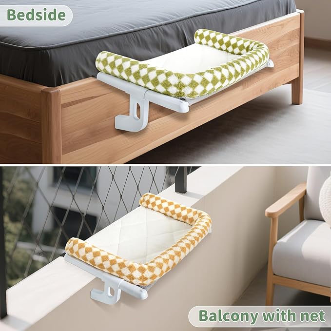 Sunhoo Cat Window Perch Hammock Sturdy Windowsill Bed Seat for Large Cats No Drilling No Suction Adjustable Kitty Shelf with Washable Cover Easy Assembly Holds up to 40 lbs 24.8 * 15 in (Green, L)