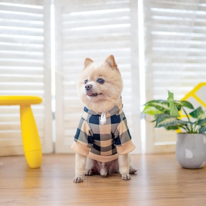 KOOLTAIL Plaid Dog Hoodie Pet Clothes Sweater with Hat and Pocket for Small Medium Large Size Dogs, Soft Winter Warm Dog Cold Weather Coat, Fleece Fall Dog Hooded Sweatshirt for Puppy Cats, Beige SM