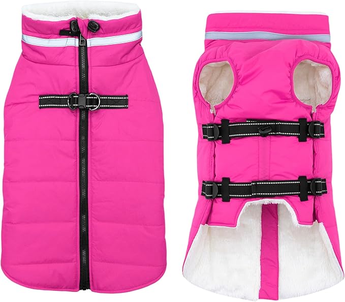 Dog Coat with Harness Built-in, Waterproof Reflective Fleece Lined - Warm Windproof Winter Jacket with Back Zipper, Cold Weather Snow Dog Coats - Pink - L
